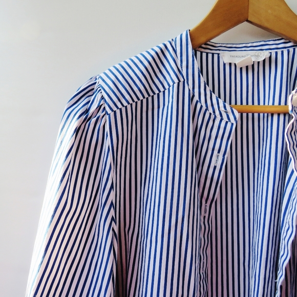 Treasure and Bond Puff Sleeve Blue White Striped Button Down Blouse - Picture 5 of 11